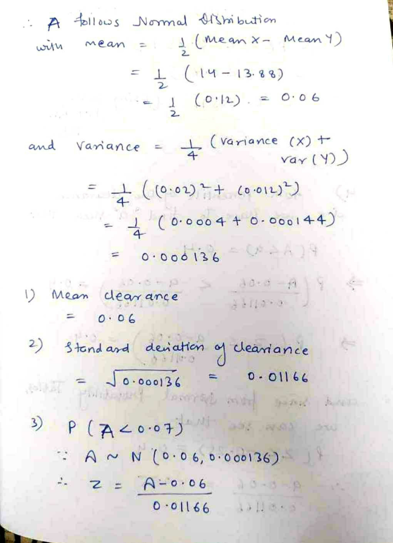 A follows Normal distibution L. (mean x- with mean Mean 4) 2 ㅗ 2 (14- 13.88) (0.12) 0.06 NA and Variance I (variance (x) + va