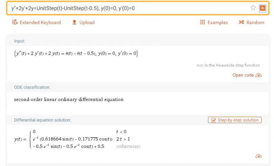 y+2y+2y=UnitStep(t)-UnitStep(t-0.5), y(O)=0, y (O)=0 les Extended Keyboard Upload Examples Random Input: {Y(t)+2 y(t)+2 y(