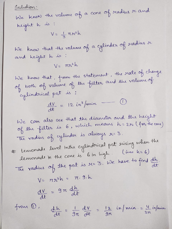 Soliction: a cone of readius en and We know the volume of a height h is : VE 13 ru²h cylinder of radius ir We know that the v