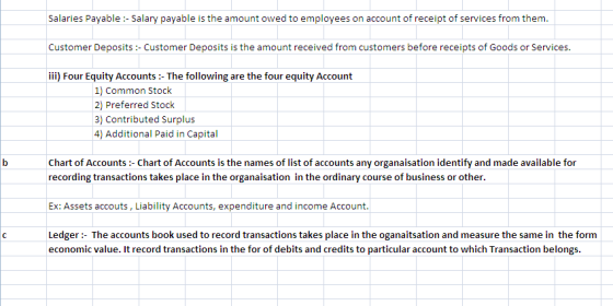 Salaries Payable :-Salary payable is the amount owed to employees on account of receipt of services from them. Customer Depos