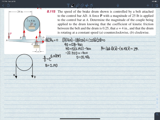 7:17 PM Sun Jul 19 40% < + : 0 24 in. r=8 in. E 8.115 The speed of the brake drum shown is controlled by a belt attached to t