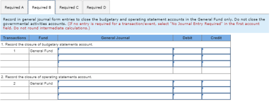Required A Required B Required C Required D Record in general journal form entries to close the budgetary and operating state