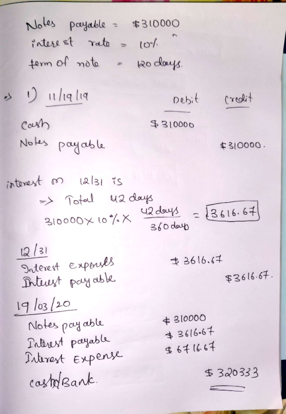 Notes pceyable - $310000 interest rate = 10%. term of note - Qo days. > il lialia Debit Creelit cash $310000 Notes payable $3