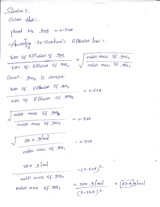 Salution Given t phoel AcaoZy N2 to:Ghams Effesion law:- Yate of Effusion of 9ag mdar mauss gas Yat e or EfAusí on of a mola