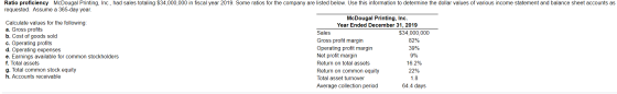 Ratio proficiency McDougal Printing, Inc., had sales totaling $34,000,000 in fiscal year 2019. Some ratios for the company ar