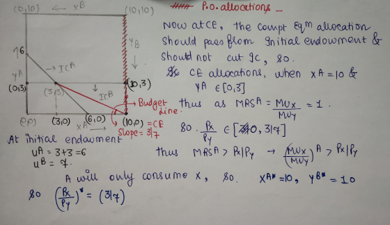 Co,lo) - XB to VICA (10,10) Hut P. o. allocations - Now atce, the compt Eqm allocation should pass from Initial endowment & 1