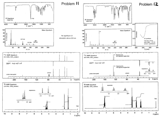 Problem 10 Problem 12 IR Spectrum liquid IR Spectrum 4000 3000 2000 1600 Vom) 1200 800 4000 2000 1600 1200 0.0 300 Mass Spec