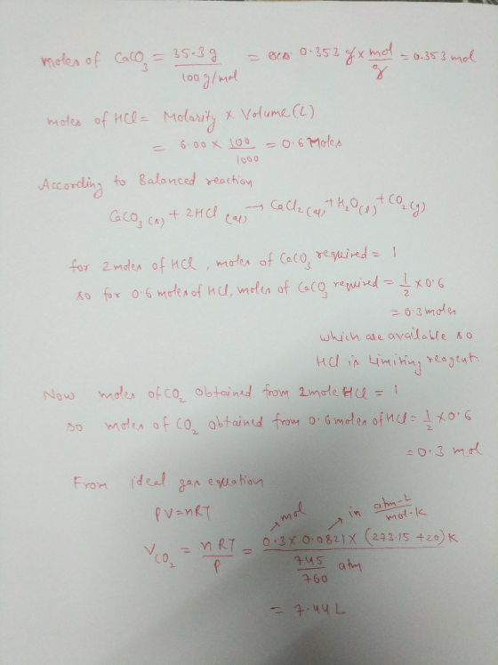 moles of Calo = 35-39 = sed 0.353 4x = 0.353 mol 100 g/mol moles of HCl = Molarity & Volume (2) = 6.00 x 100 = 0.6790les Acco
