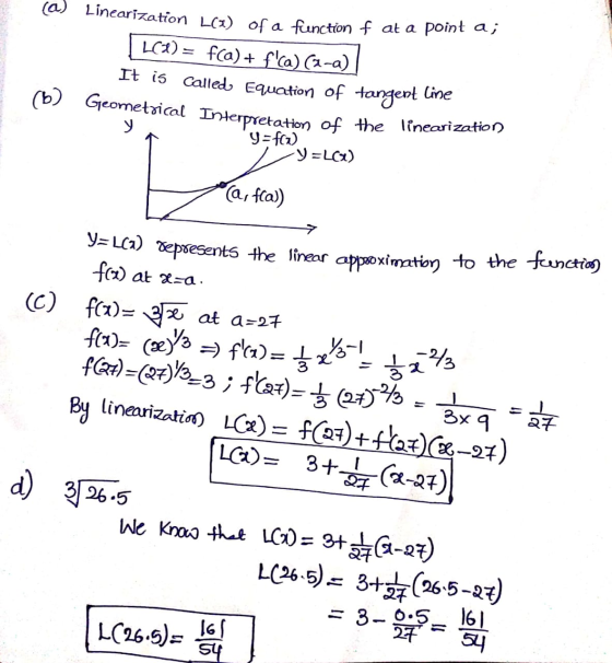 (b) Geometrical Interpretation of the linearization y=f(a) Y=LCO) (a) Linearization L(a) of a function f at a point a; L(1) =