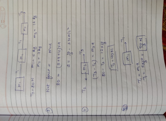 Date 77 M T2 3 M3 T3=80N m = 5bg Eu T2 Rg m2 = 7 kg Net face mya 80 = 5+7+12)xa a= 10 - 3 33 m/s? © Tz 키 Ew (T3 - Tz) - Mza 8