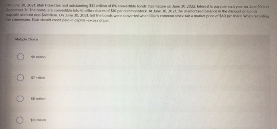 On June 30, 2021, Blair Industries had outstanding $82 million of 8% convertible bonds that mature on June 30, 2022. Interest