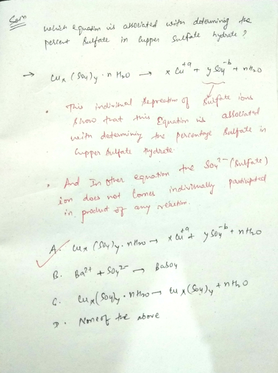 which equation is associated with determining the percent Bulfate in cuppen Sulfate hydrate ? ta - Cux (sou)y in H₂O x cu & y