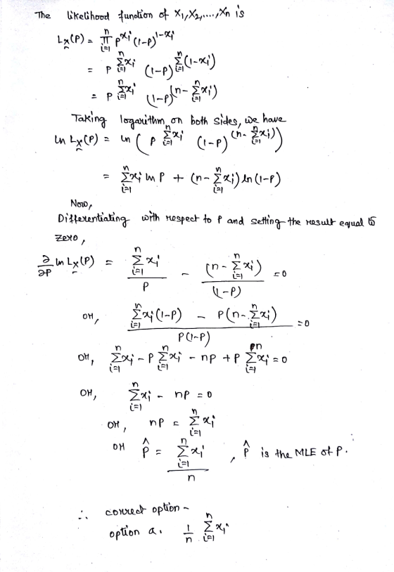 The likelihood function of X1, X27.,,Xn is LxCP) I pics-p)-cm PL) (1-P)&(-23) (l-ph-Ex;) : PA ina Taking logarithm on both si