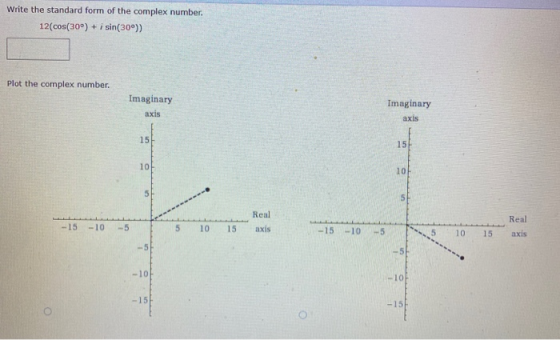 Write the standard form of the complex number 12(cos(30°) + i sin(30°)) Plot the complex number. Imaginary axis Imaginary axi