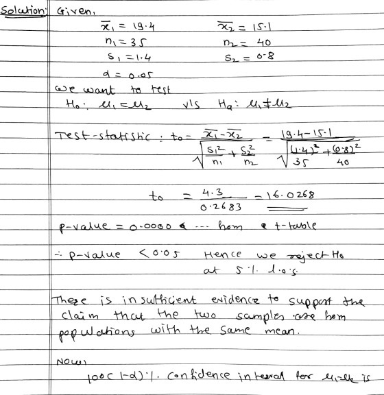 کل = solution. Given. ži = 19.4 ni=35 Si=114 d = o.os we want to rest Hos el cuz A2 = 40 S2 = 0-8 i u vs tem Hail, Illa | -