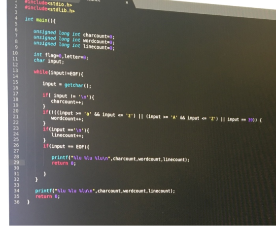 include<stdio . h> 2 #include<stdlib . h> 3 4 int main(){ 6 unsigned long int charcount=o; unsigned long int wordcount= ; uns