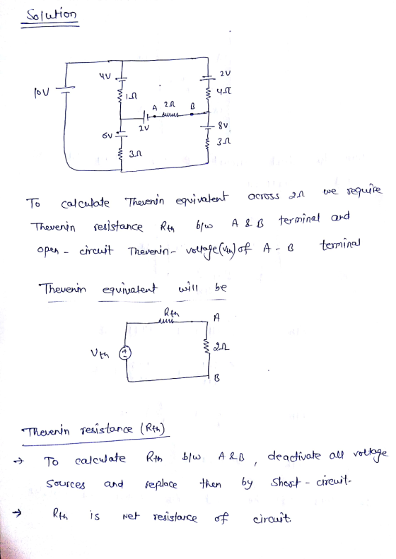 Solution uu 20 ou unit 422 ܘܐ 2.1 A B the mums 2V OV 8v 32 Зл we require across an To calculate Theven in equivalent Thevenin