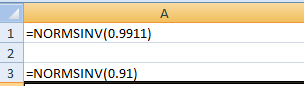 1 =NORMSINV(0.9911)
2
3 ENORMSINV(0.91)