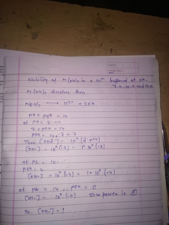 DATE: 1 any PAGE NO.: pso val meth solubility of M(OH)2 in a solh buffered at pha a.b, loond 4.0 .M (OH) dissolves then мон),