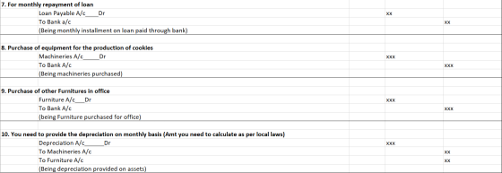 XX 7. For monthly repayment of loan Loan Payable A/c Dr To Bank a/c (Being monthly installment on loan paid through bank) XXX
