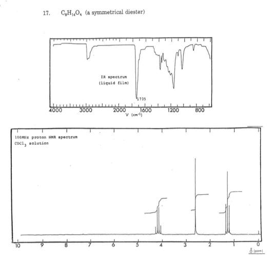 17. C,H,O, (a symmetrical diester) =m IR spectrum (liquid Elin 1735 4000 3060 3000 2000 1800 11200 8 00 V ml) 100 proton MMR