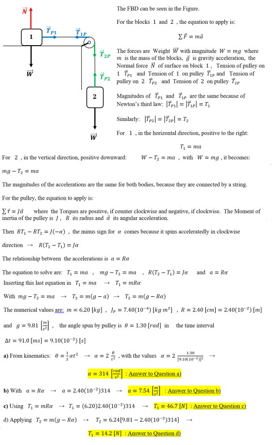The FBD can be seen in the Figure For the blocks 1 and 2 , the equation to apply is: P1 1P The forces are Weight W with magni