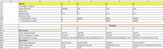 А B с D E F 3 4 1 1 1 2 1 1 1 =E3 INPUTS Time (beg - 1; End 0) Lease Payments Lease term Interest Rate Residual Value Estimat