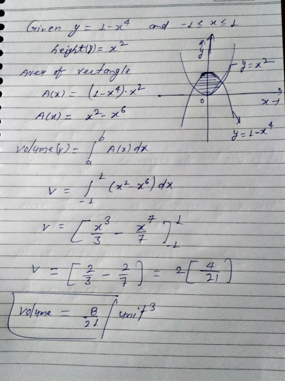 and exet Given y-t-xt heightly) = x² Area of rectangle A(x) = (1-x4). x² A(x) = x²x6 xy Y = 1-xt a volume (1) - Alx) dx a Z v