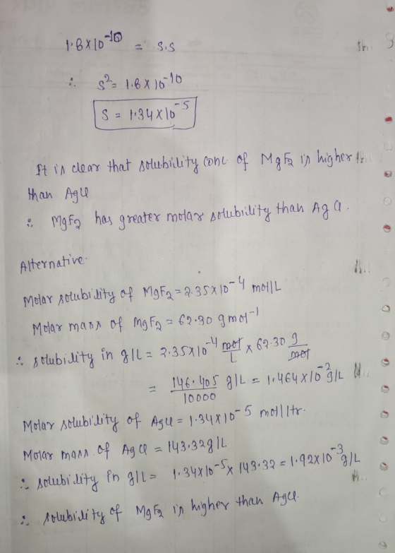 18x1076 = SS i su 1.6 x 15 10 [S= 1348105 It is clear that solubility cone of Mg h is higher than Age u Mgra has greater mola