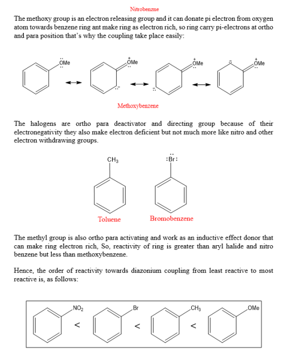 Nitrobenzne The methoxy group is an electron releasing group and it can donate pi electron from oxygen atom towards benzene r