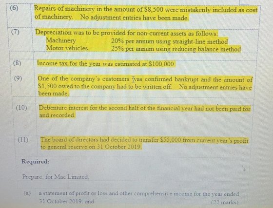 (6) Repairs of machinery in the amount of $8.500 were mistakenly included as cost of machinery. No adjustment entries have be