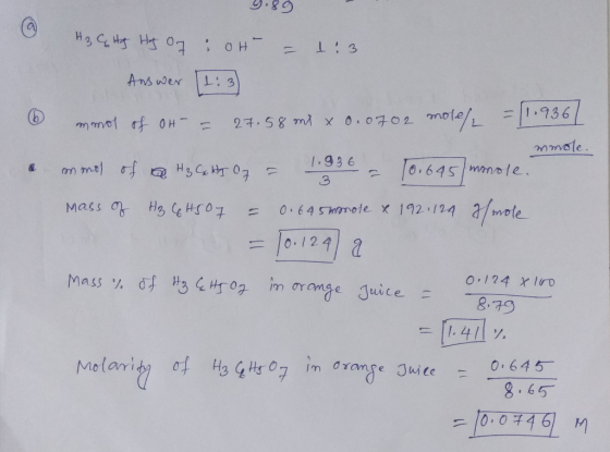 mmole. 1.93€ Mas 124 H3C Hg Hy o7 : OH = 1:3 Answer [1:3) mmol of OH = 27.58 ml x 0.0702 mole/ = 11.96 monot of @ H3 Catts Of