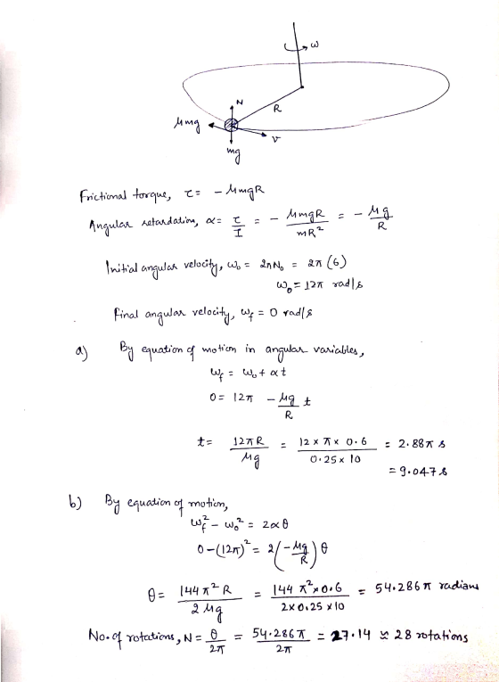 1. mg Frictional torque, e= -lugh e Angulair Aatardating, «= I : - -Mmgr =-ug MR з Initial angular velocity, W. = 20 No = 20