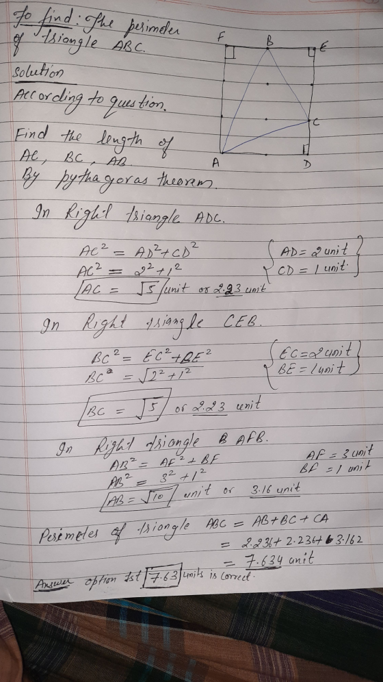 to find the perimeter of tsiangle ABC. F B solution C A According to question Find the length of Al, BC, AB By pythagoras the