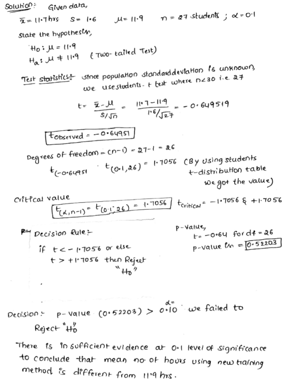 S - 1.6 ns27 students; 2-01 Solution: Given data, ã= 11:7hrs M = 11.9 State the hypothesis, Hoiu = 11.9 Ha: M & 1109 ( Two-ta