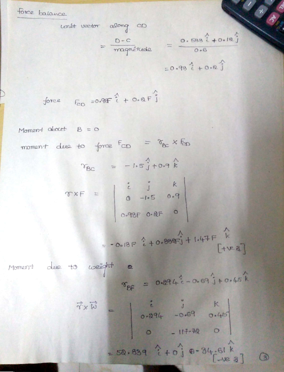 force balance AC conét vector along CD 0.6B8 € +0.12 D- magnétude = 0.98 +0.0 force Fon 0.9 + 0.QFj Moment about B =O moment