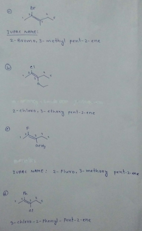 Br IUPAC NAME: 2- Bromo, 3-methyl pent-2-ene 2-chloro, 3-ethoxy 2-chloro, 3-ethe pent-2-ene OCH₂ I UPAC NAME: - Fluro, 3-meth