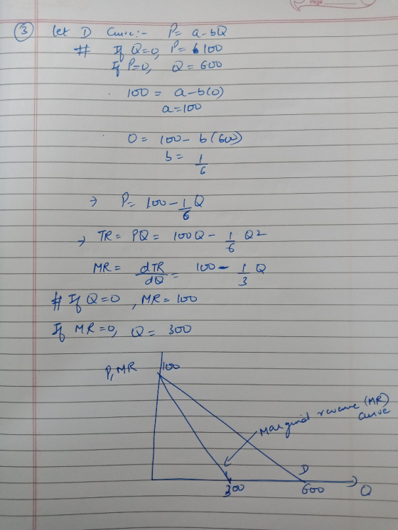 (3 let D Cure: - P a-bQ # of Q=0, P=66100 Q = Goo 100= a-blo) a=100 0= loo blow) b 1 I Pa loo-LQ 6 TR= P Q = 100 Q- Q2 6 1000