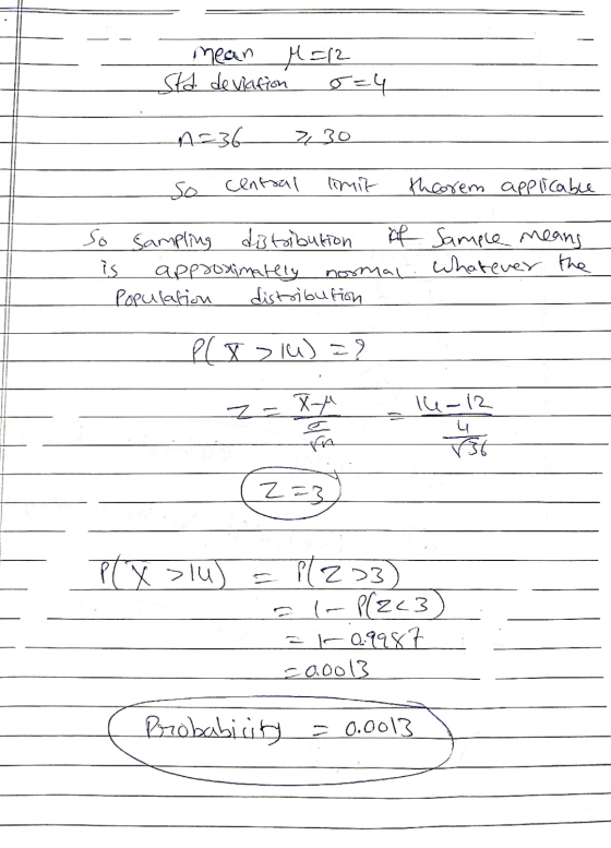 mean =12 Std. deviation 5=4 A=36 730 Se central limit thoorem applicable so sampling distribution of Sample means is approxim
