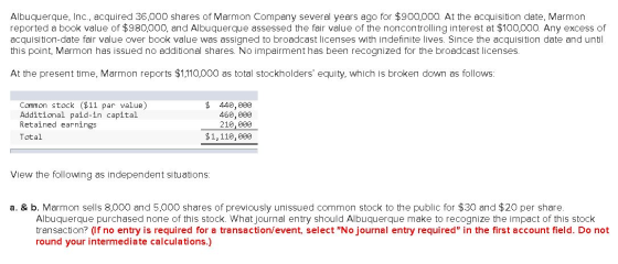Albuquerque, Inc., acquired 36,000 shares of Marmon Company several years ago for $900,000. At the acquisition date, Marmon r