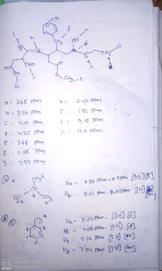 72 P o LAU of CHO Lóny y a chore ne at na a = 3-65 ppm b=3.50 P.Pm - C. 2.0 ppm . d = 4.35 ppm @: 3.68 ppm f = 2.38 PPM g: 9.