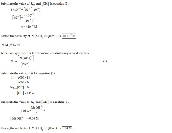 Substitute the value of Kg and [OH in equation (1) 4x10--[M10) 24x10-16 104 -4x10-3 MM Hence, the solubility of M(OH) at pH-1