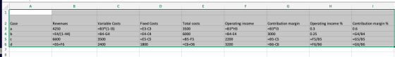 A B с D E F G H 1 2 Case 3 ja 4 b 5 C 6 Id 7 8 Revenues 4250 =E4/(1-H4) 6600 =E6+F6 Variable Costs =B3(1-13) =B4-G4 3500 2400