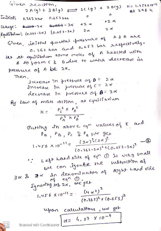 Given reaction, 2 Alg) + 3 Bl) - 20092 DIG KE 1.456x10-!! at 248k Initial: 0.362 bar 0.653 bat 0 0 Change: -24 8643 -3 +264 +
