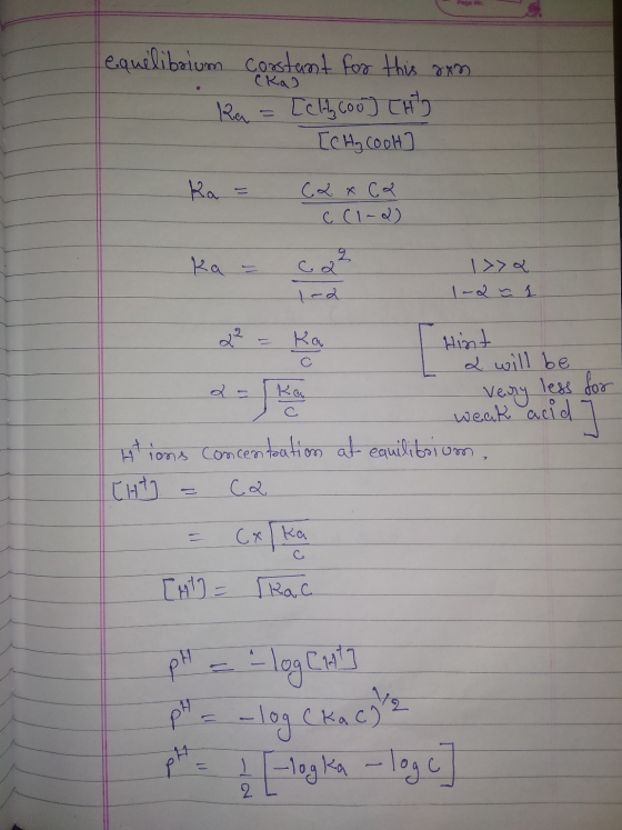 Page No. (kas equilibrium constant for this son Ra = [ch coo) TH Ген, сор) Ra = (2xca C (1-2) ka = ca 17a 1-2 = 1 Hint 2 - Ka