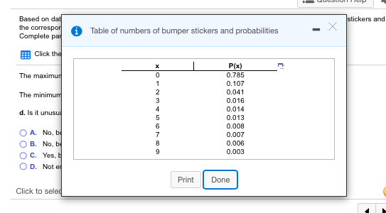 Based on and Table of numbers of bumper stickers and probabilities Complete Click t P(x) 0.785 0.107 0.041 0.016 0.014 0.013