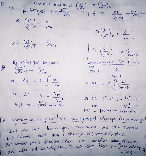 Max weu relatim ys RT pes taeTga Vm eT Vm-b -Wm2 P ap ЭТ Vm l P Vm-b av So T vomderwaals 1 ras mole for perfeet gas for Imole