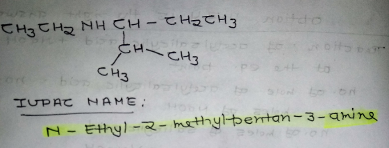 CH-CH₂ soitto THATH HH CH - CH2CH3 - oito att to Tu Sion IUPAC NAME: N - Ethyl-2-methyltentan-3-amine CH3