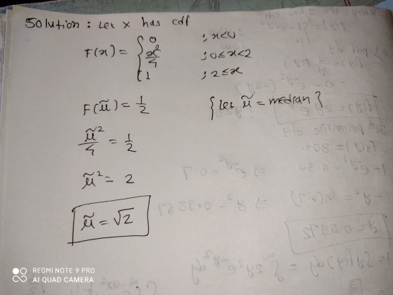 CHO WAL Solutich: Let x has cdf to-12-16 Reu F(a) = o iba osa<2 (urbaret 2sal F (n ) = {let let na - medran? cost Po slit og