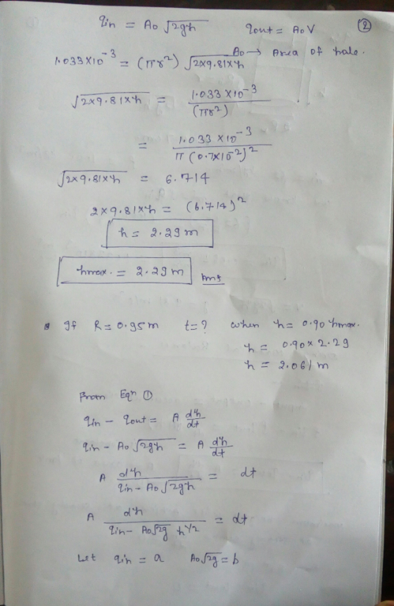 ② in = Ao Jagh 1.033x10 3 (082) 2X out - AOV Area of hale A √ 249.8184 1.033 X 10-3 (7782) = 1,033 *10-3 IT (0:7X10-212 12x9.